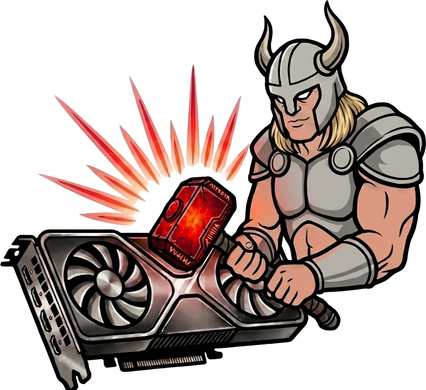 GPUThor logo: Thor striking an NVIDIA GPU with a glowing hammer